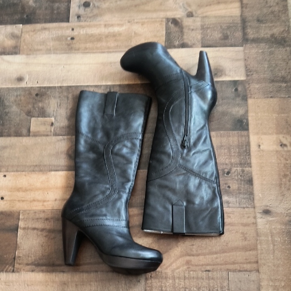 NWOT Bivel Black Leather High Heeled Knee-High Boots Sz EU 37.5 US 7 Women